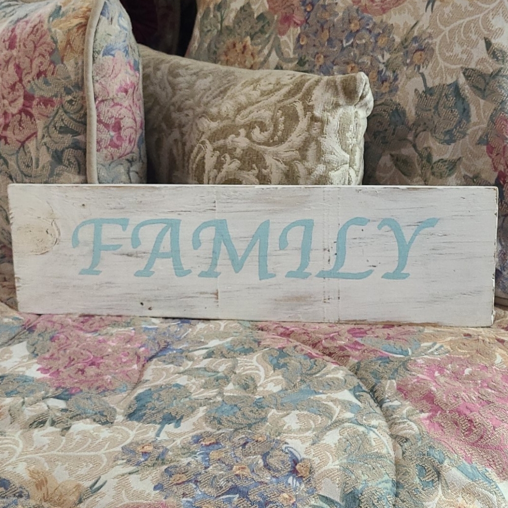 Wooden sign Family Hand Painted Shabby Chic Whitewashed Blue Lettering 20" x 6"